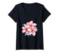 Damen Rosa Plumeria Frangipani Blume Hawaii Maui Aloha Surfer T-Shirt mit V-Ausschnitt