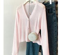 Damen Rosa strukturierte kurze Strickjacke, V-Ausschnitt Langarm, aus Polyester, leicht & dehnbar, perfekt für Frühlingsoutfit