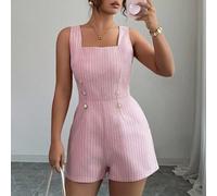 Damen Rosa Tweed strukturierter Stoff kleines kariertes Quadrat Kragen ärmelloses Doppelreiher Metallknopf Dekor Taille geschnürt Jumpsuit, elegant &