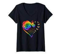 Damen Rose Butterfly Heart Rainbow Colorful Flower Floral T-Shirt mit V-Ausschnitt