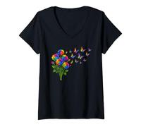 Damen Rose Butterfly Heart Rainbow Colorful Flower Floral T-Shirt mit V-Ausschnitt