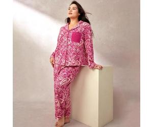 Damen Rot Große Größen Paisley Muster Baumwolle Lang Pyjama Set Loungewear Baumwolle Schlafanzüge
