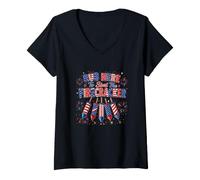 Damen Rub Here to Start The Firecracker Funny Joke Adult 4th July T-Shirt mit V-Ausschnitt