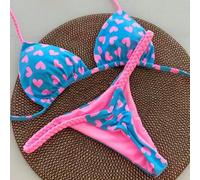 Damen Rückenfreier Bikini-Set mit Schleife, mit HerzMustert und String, lässige dehnbare Badebekleidung