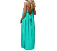 Damen Rückenfreies Kleid Sommerkleid Damen Leicht U Ausschnitt Cami Kleid Maxikleid Sommer Bohemian Strandkleid Lang Rückenfrei Verstellbarer Kordelzug Trägerkleid Blumen Langarm (Light Green, S)