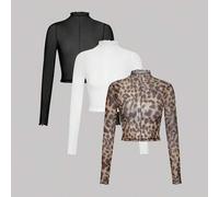 Damen Rüschen Kragen Figurbetontes Mesh Top, Schwarz, Weiß, Leopardenmuster, Herbst/Winter, Silvester Look, Westlich, Leopard, Boho, Mesh Top, Enge To