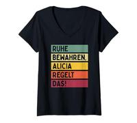 Damen Ruhe Bewahren Alicia Regelt Das Spruch In Retro Farben T-Shirt mit V-Ausschnitt