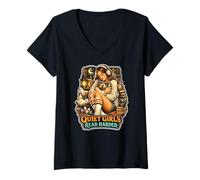 Damen Ruhige Mädchen lesen Fantasy-Bücherwurm T-Shirt mit V-Ausschnitt