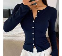 Damen Rundhals Strukturierter Rippstrick Slim Fit Cardigan Lässiges Langarm T-Shirt, Herbstmode für Frauen