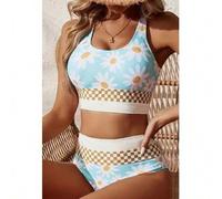 Damen Rundhals Tankini mit Gänseblümchen Muster und Schachbrett-Detail, mittlere Dehnung, lässige und süße Bademode Bikinis