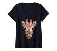 Damen Rustikale Patchwork-Giraffe, Blumenmuster, Volkskunst-Grafik T-Shirt mit V-Ausschnitt