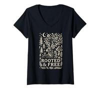 Damen Rustikales Boho-Hirsch-Design, verwurzelt und frei achtsames Natur-Design T-Shirt mit V-Ausschnitt