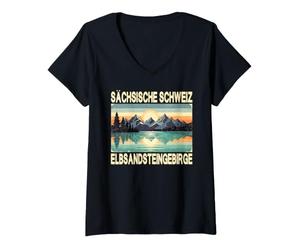 Damen Sächsische Schweiz Retro Berglandschaft Vintage Wandern T-Shirt mit V-Ausschnitt