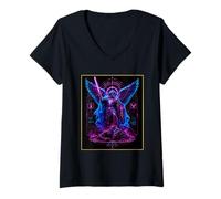 Damen Saint Michael der Erzengel Futuristische Dark Techno Icon Art T-Shirt mit V-Ausschnitt