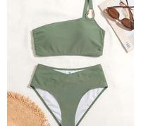 Damen Salbeigrün Bikini Set,Sommer Bescheiden Strandurlaub Ein-Schulter Asymmetrischer Träger Goldring Dekor Bralette Top & Hohe Taille 2-teilige Bade