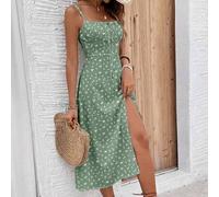 Damen Salbeigrün Blumen Sommer Boho Midi-Kleid, Spaghettiträger Tailliert Offener Schlitz Urlaubsoutfit, Elegante Retro Strand Sommerkleider