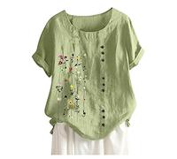 Damen Sale Angebote Damen Leinen Tunika Tops V-Ausschnitt Knopfleiste Bluse Kurzarm T-Shirt Tunika Damen Sommer Strand