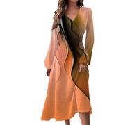 Damen Sale Angebote Sommerkleid Midi 2024 Damen Lang Herbst Kleider V-Ausschnitt Liniendruck Langarm Kleid Elegant Tunika Midikleid a Linien Kleid Damen Sommer Weißes Kleid Sommerkleider,Lila Rosa,XXL