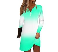 Damen Sale Angebote, Summer Dress Sommerkleider Damen Bluse Kleid V-Ausschnitt Gradient Knopfleiste Minikleid Lässiges Leichtes Lange Ärmel Hochzeitsgast Kleid Damen Dresses For (Fluorescent Green,M)