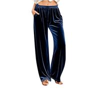 Damen-Samt-Hose, Kordelzug, weites Bein, Freizeithose, Samthose für Damen, Blau, XL