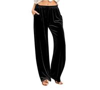 Damen-Samt-Hose, Kordelzug, weites Bein, Freizeithose, Samthose für Damen, Schwarz, XL