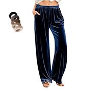 Damen-Samt-Hose mit Kordelzug, elastischer Bund, weites Bein, elastische, weiche Samt-Hose für Damen, mit Taschen, formelle Hosen, dunkelblau, XL
