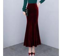Damen Samt Meerjungfrau Rock Hohe Taille Lang Maxi Rock Mode für Slim Fit Einfarbig Casual Party Abendkleid Unterteil für den täglichen Gebrauch Weinrot (L Weinrot)