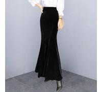 Damen Samt Meerjungfrau Rock Hohe Taille Lang Maxi Rock Mode für Slim Fit Einfarbig Casual Party Abendkleid Unterteil für den täglichen Gebrauch Weinrot (M Schwarz)