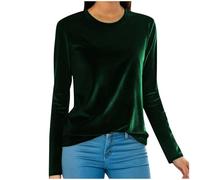 Damen Samt Oberteile Einfarbiger Retro Glänzende Rundhals Bluse Weiche Bequeme Langarm Shirt Festliche Party Feier Blusen Winter Frühling Formal Langarmshirt(Green, XL)