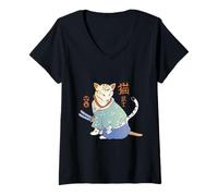 Damen Samurai-Katze Japan Krieger T-Shirt mit V-Ausschnitt
