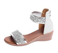 Damen Sandale Bequeme Sommer Strand Classic Heels Sandals Open Toe High Heel Zipper Back Platform Low Block Chunky Dress Shoes Schuhe Für Sandalen Trekking Gemütliche Elegant Leichte Fußbett Silber
