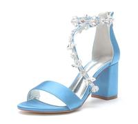 Damen Sandalen Blockabsatz Hochzeitsschuhe Bridal High Heels Sandalen Formal Evening Prom Party Dress Shoes 8Cm,Sky Blue,37 EU