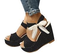 Damen-Sandalen mit Absatz und Plateau Elegante Espadrilles Sandalen Offene Zehe Mode Bohemia Schuhe Hohe Bequeme Sandalen Glitzer Absatz Strass Peep Toe Keilabsatz Sandalen, Schwarz , 38 EU