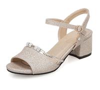 Damen-Sandalen mit Blockabsatz Knöchelriemchen Pailletten Mitte Absatz Sandals Peep Toe Schnalle Leisure Brautschuhe, R41207Xo Gold Gr 38 EU/39Cn