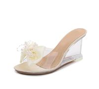 Damen-Sandalen mit offenem Zehenbereich und Keilabsatz, Schlupfsandalen mit niedrigem Keilabsatz, Bequeme, süße Slide-Sandalen für Elegante und lässige Anlässe,Beige,39 EU