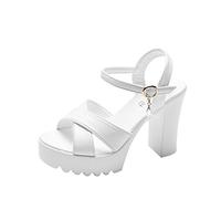Damen-Sandalen mit Plateau und breitem Absatz Strass High Heels Hochzeitsschuhe Sommer mit Absatz Hausschuhe Tanzschuhe Salsa High Heels Sandalen, Weiß, 39 EU