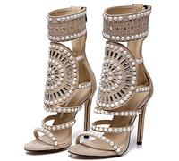 Damen Sandalen Open Toe Strass Design High Heels Kristall Ankle Wrap Glitter Diamond Gladiator Heels,Beige,38 EU/7 US
