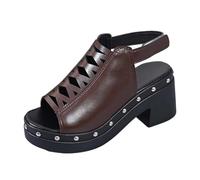 Damen-Sandalen, Schuhe mit offenem Zehenbereich, Riemchen hinten, verdecktes Oberteil, geometrische Aussparungen, dicke Plattform, quadratische Absätze, Metallnieten | Retro-Stil, Outdoor, Frühling