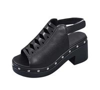 Damen-Sandalen, Schuhe mit offenem Zehenbereich, Riemchen hinten, verdecktes Oberteil, geometrische Aussparungen, dicke Plattform, quadratische Absätze, Metallnieten | Retro-Stil, Outdoor, Frühling