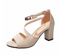 Damen Sandalen Sommer Sandalette Mit Schnallenriemen Klobigem Absatz Perlen-Fischmaul-High-Heels -Casual-Knöchelriemen-Sandalen -Schuhe Schuhe Hochzeitsschuhe Elegant Brautschuhe Absatz Weiß 42