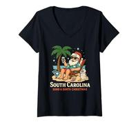 Damen Santa Beach Weihnachtshemd SC Sand Snow Palmetto Tree T-Shirt mit V-Ausschnitt