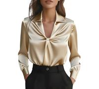 Damen Satin Bluse Elegant Binden V-Ausschnitt Satinblusen Langarm Lässige Hemden Hemd Shirts Business Oberteil Tops Plain Work Shirt Freizeithemden Businesshemd