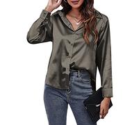 Damen-Satin-Bluse vorne Button-Down-Hemden Solide seidenähnliche Oberteile Lässige Schlichte Revers-Hemden für Damen Langarm-Hemd für Arbeit Hochzeit Party Grau L