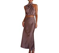 Damen Satin-Freizeitanzug 2-Teilig Sommer Elegant: Zweiteiler Damen Elegant Mit Rock Outfit Cocktail Abendkleid Oberteil Shirt Hängender Hals Ärmellos High Waist Leicht Wickelkleid Sexy Outfit Anzug
