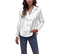 Damen Satin-Hemdbluse Langarm Knopfleiste Büro Arbeit Tops Casual Damen V-Ausschnitt Seidenbluse Shirts, weiß, 32-34