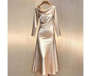 Damen Satin Kleid mit gerüschtem Kragen, Langarm, plissierter langer Rock, elegantes champagnerfarbenes Abendkleid, Seidenkleid für Mutter der Braut o