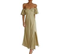 Damen Satin Off Shoulder Formal Kleider Hochzeit Gast Elegant Schmetterling Ärmel Split Cocktail Party Midi Kleid, Oliv/Blatt für Mich (Leaf It to Me), Klein