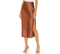 Damen Satin Rock Elastischer Bund Lang Hohe Taille Skirt Elegant geteilter Saum Midirock Midi Business Rock Karamell L