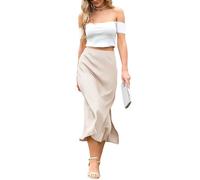 Damen Satin Rock lang Midi Rock Versteckter Gummizug Sommerrock Damen Business Party Skirt festlicher Rock mit Seitenschlitz für Arbeit und den Alltag (M, Aprikose)
