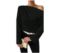 Damen Satin Schulterfrei Top - Elegant Asymmetrischer Ausschnitt Langarm Geraffte Bluse Elegant Casual Seidenhemd für Party Arbeit Büro Ausgehen Trendy Pullover Tunika, Schwarz , M